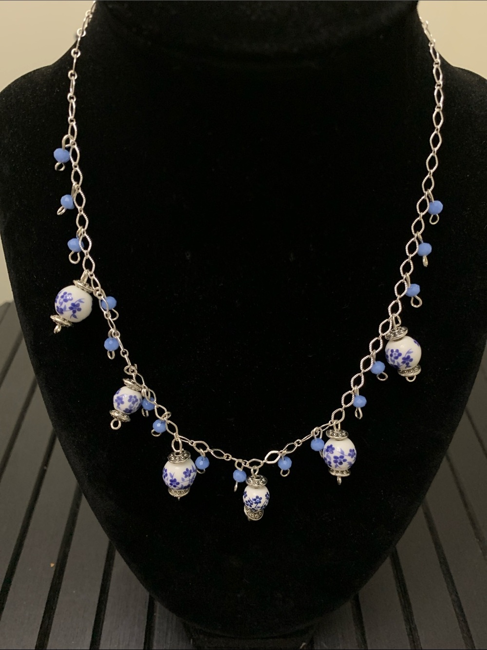 Handcrafted Blue and White Porcelain &crystal Necklace